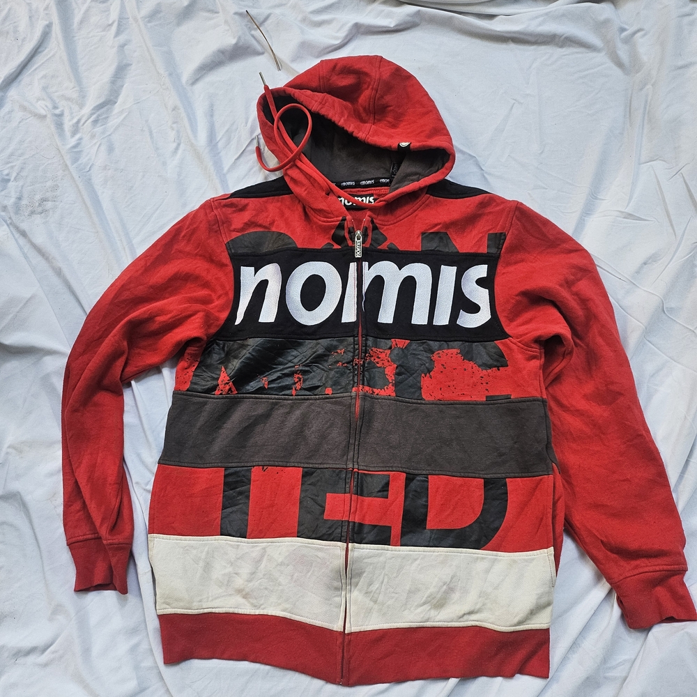 Nomis Sweatshirt Mens Large Red Black Striped Zip Up Hoodie Great Shape